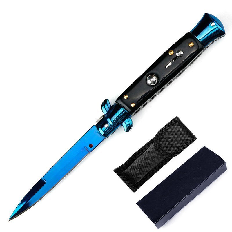 O1CN01VbjWCR1t2bdrXJ6qV_3914495844-0-cib.jpg 8,75 AKC Blau Titan Schwarz Farbe Holz Stiletto Springmesser – Bild 1